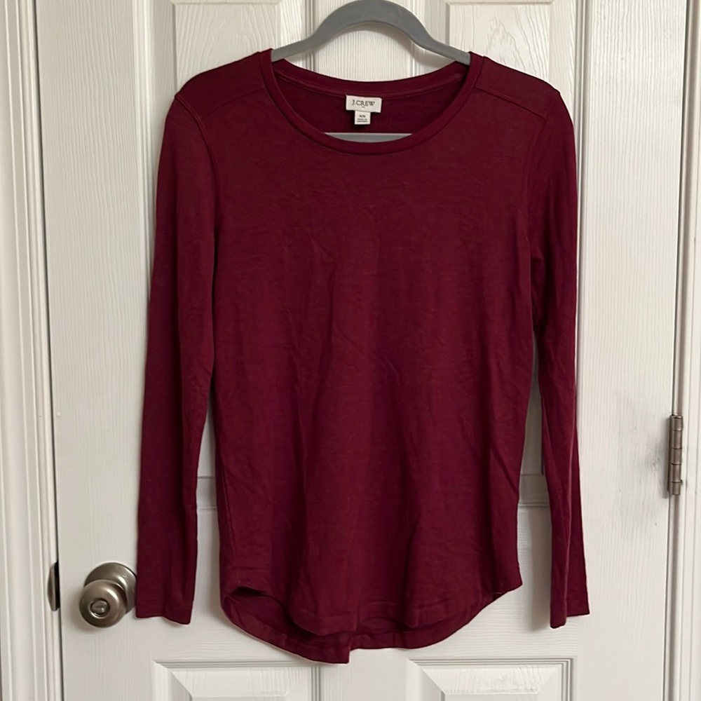 J. Crew Red Long Sleeve Crew Neck T-shirt Curved Bottom Hem Modal-blend Size XS
